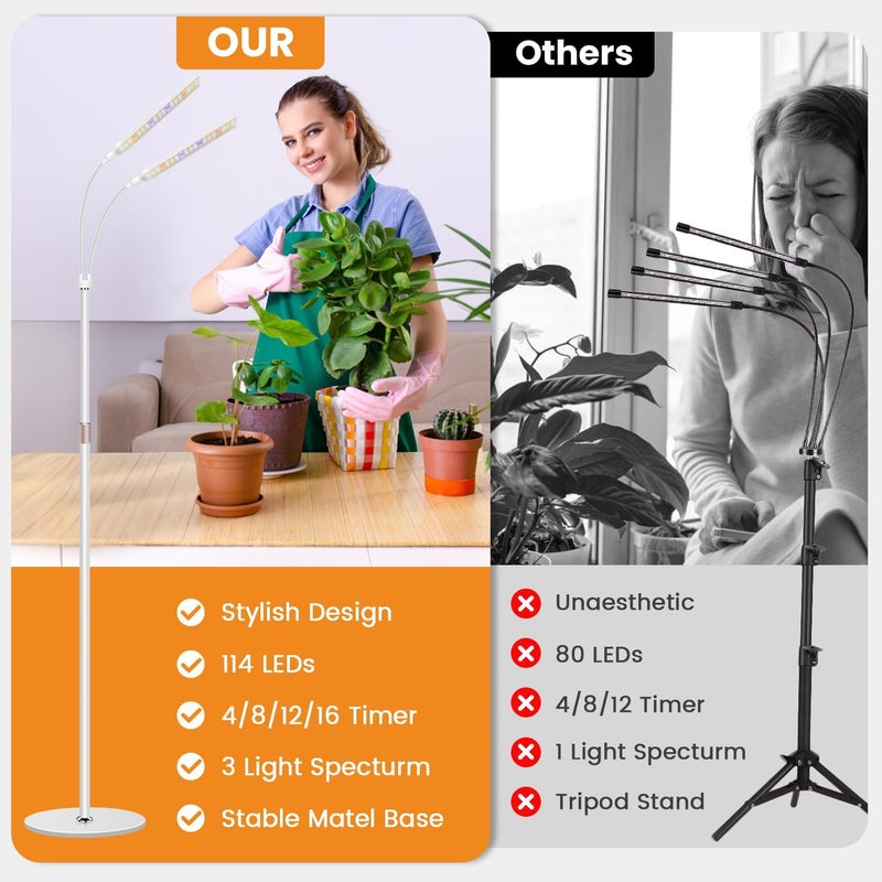 Kullsinss Grow Lights for Indoor Plants with Stand, 2-Heads Full Specturm Plant Grow Light with 4/8/12/16H Timer, 3 Color Modes, 360° Flexible Gooseneck, 24-68.7in Hight Adjustable Plant Growing Lamp - Image 3